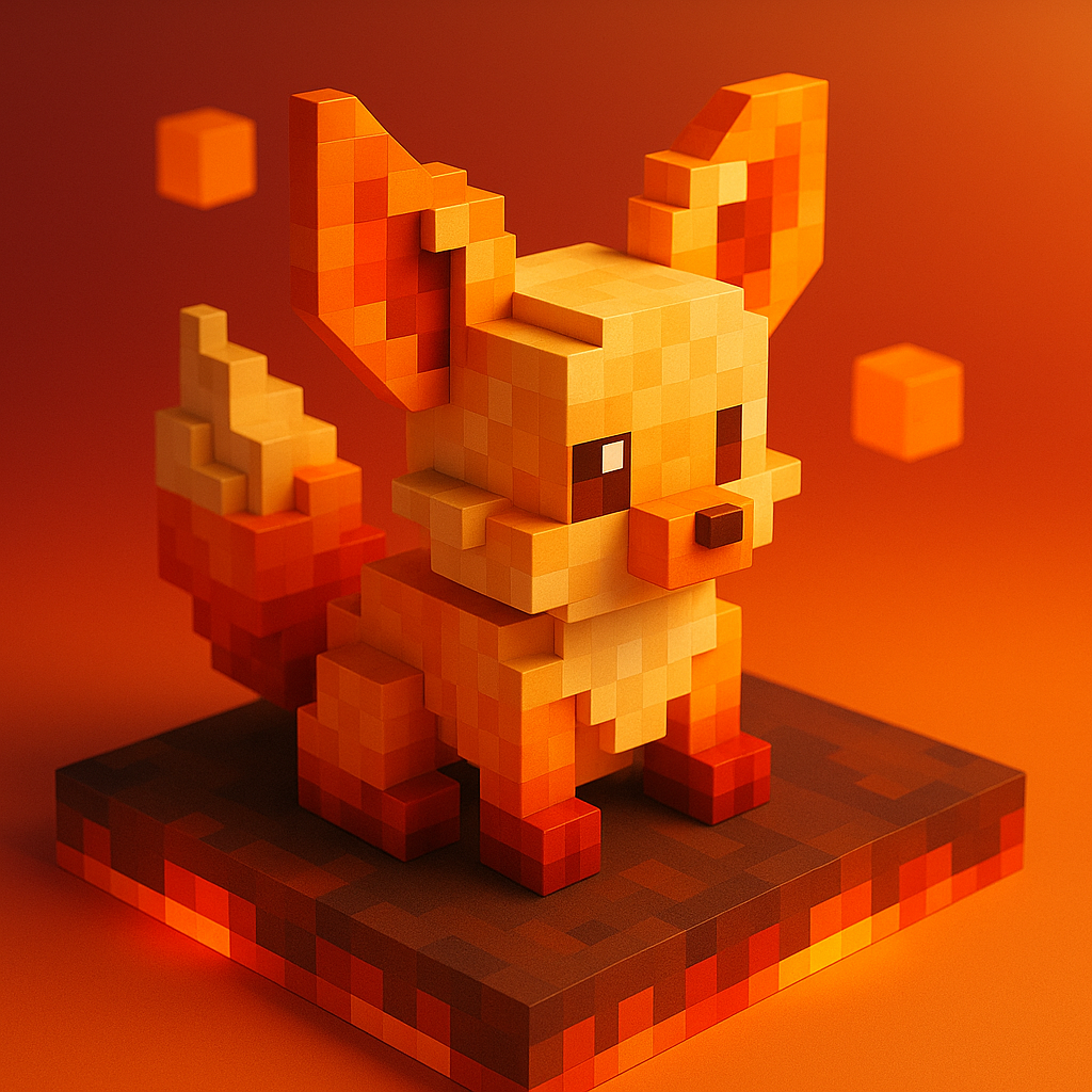 Flamink — 3D voxel fennec fox on lava base with ember cubes
