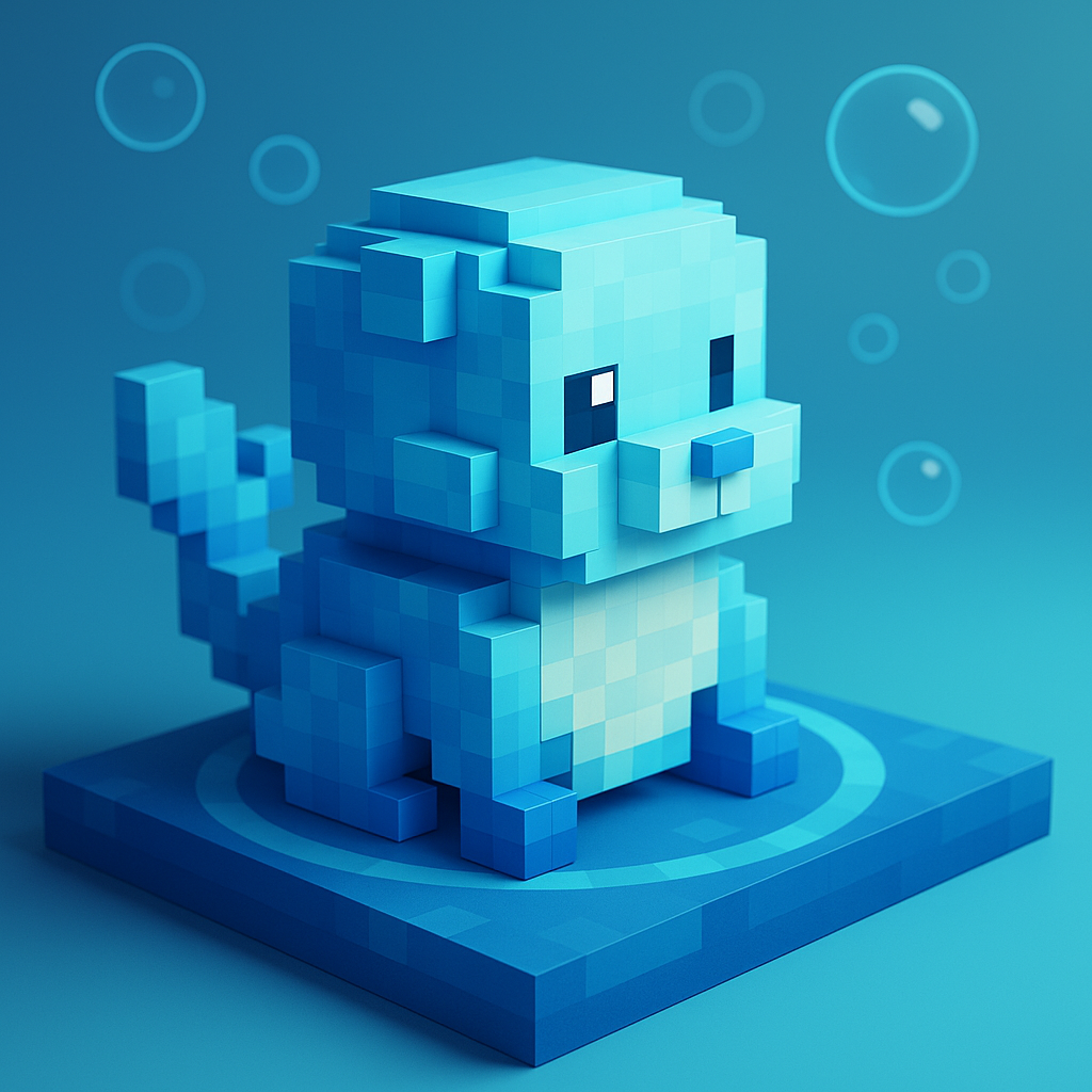 Ripplet — 3D voxel water otter on blue base with bubbles