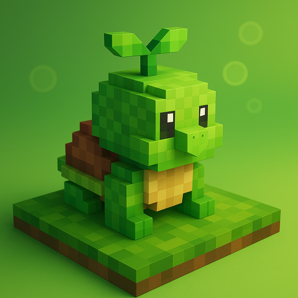 Sproutle — 3D voxel turtle with leaf sprout on grassy base